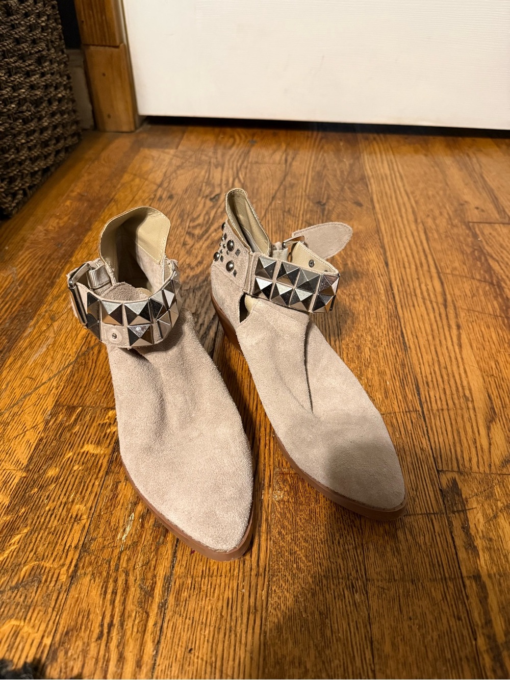 Steve Madden Stud-Embellished Taupe Suede Ankle Boots - Women